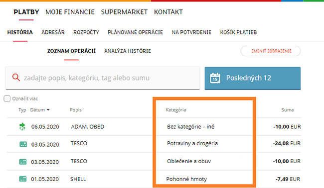 mBank - Kategorizácia príjmov a výdavkov